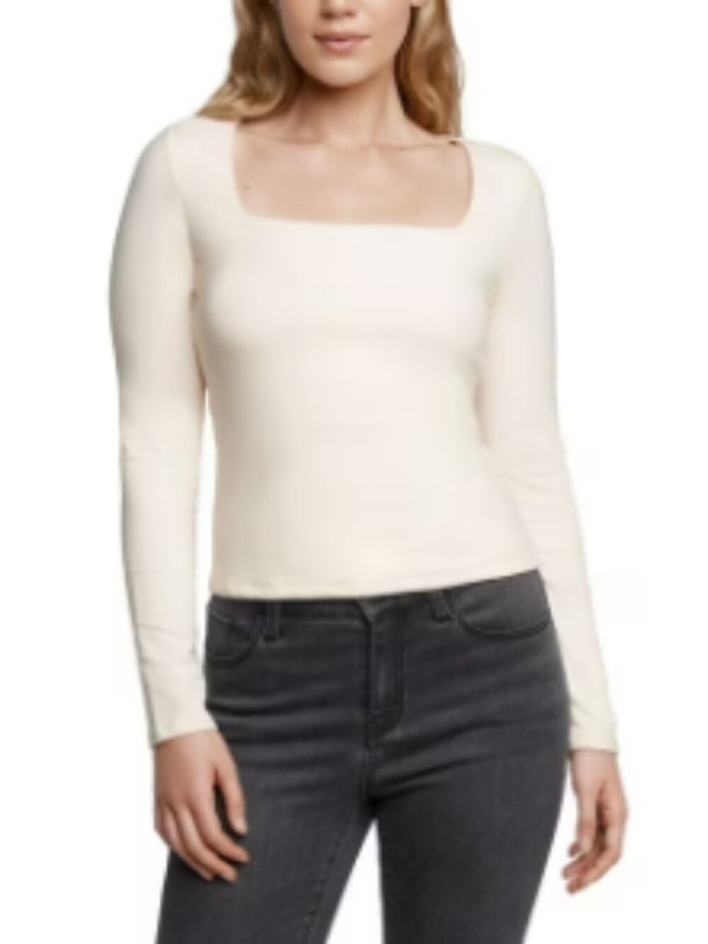 New Express Cream Square Neck Long Sleeve Top